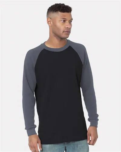 Bayside 8211 Men's USA-Made Heavyweight Waffle Knit Thermal Raglan T-Shirt in Black/ Dark Grey — blank t-shirt, front view