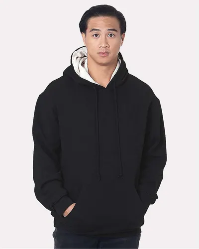 Bayside 930 Unisex USA-Made Super Heavy Thermal Lined Hooded Sweatshirt in Black/ Cream — blank hooded sweatshirt, front view