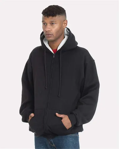 Bayside 940 Unisex USA-Made Super Heavy Thermal Lined Full-Zip Hooded Sweatshirt in Black/ Cream — blank hooded sweatshirt, front view