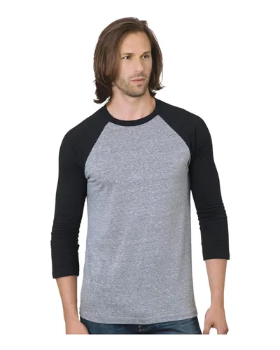 Bayside 9525 Unisex Triblend Three-Quarter Sleeve Raglan T-Shirt in Athletic Grey/ Black — blank t-shirt, front view