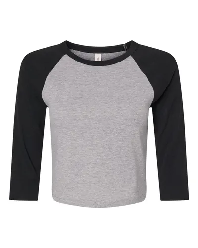 BELLA + CANVAS 1200 Women's Micro Rib Three-Quarter Raglan Sleeve Baby Tee in Athletic Heather/ Black — blank t-shirt, front view
