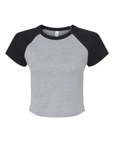 BELLA + CANVAS 1201 Women's Micro Rib Raglan Baby Tee in Athletic Heather/ Black — blank t-shirt, front view