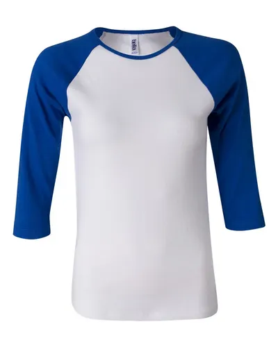 BELLA + CANVAS 2000 Women’s 1X1 Baby Rib Raglan Three-Quarter Sleeve Tee in White/ True Royal — blank t-shirt, front view