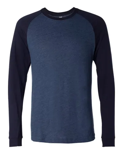 BELLA + CANVAS 3000 Men's Long Sleeve Jersey Baseball Tee in Heather Navy/ Midnight — blank long sleeve tee, front view