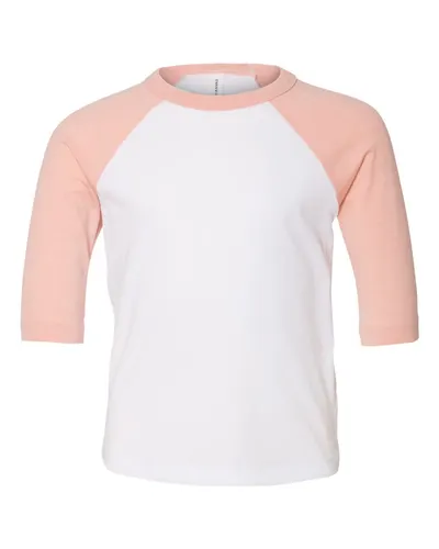 BELLA + CANVAS 3200T Toddler Three-Quarter Sleeve Baseball Tee in White/ Heather Peach — blank t-shirt, front view