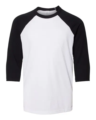 BELLA + CANVAS 3200Y Youth Three-Quarter Sleeve Baseball Tee in White/ Black — blank t-shirt, front view