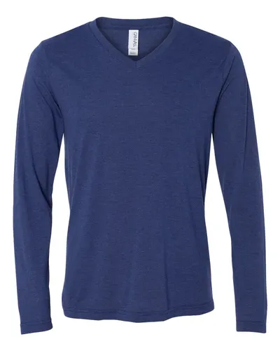 BELLA + CANVAS 3425 Unisex Long Sleeve V-Neck Tee in Navy Triblend — blank t-shirt, front view