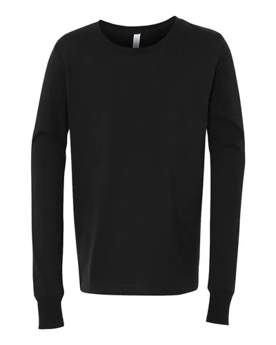 BELLA + CANVAS 3501Y Youth Jersey Long Sleeve Tee in Black — blank long sleeve tee, front view