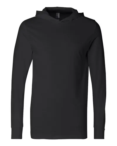 BELLA + CANVAS 3512 Unisex Jersey Hooded Long Sleeve Tee in Black — blank hooded sweatshirt, front view