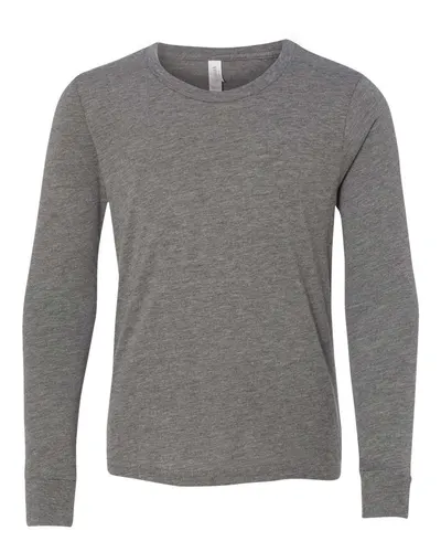 BELLA + CANVAS 3513Y Youth Triblend Long Sleeve Tee in Grey Triblend — blank long sleeve tee, front view