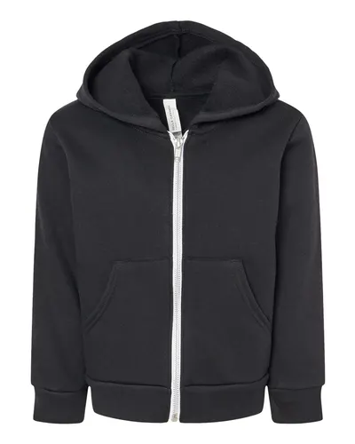 BELLA + CANVAS 3739T Toddler Sponge Fleece Full-Zip Hoodie Sweatshirt in Black — blank hooded sweatshirt, front view