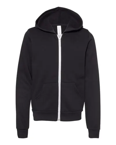 BELLA + CANVAS 3739Y Youth Sponge Fleece Full-Zip Hoodie Sweatshirt in Black — blank hooded sweatshirt, front view