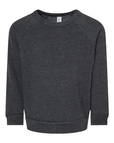 BELLA + CANVAS 3901T Toddler Sponge Fleece Raglan Crewneck Sweatshirt in Dark Grey Heather — blank crewneck sweatshirt, front view
