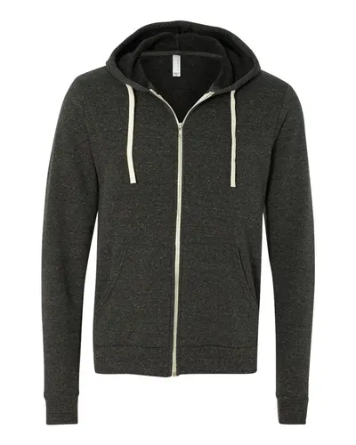 BELLA + CANVAS 3909 Unisex Triblend Sponge Fleece Full-Zip Hoodie Sweatshirt in Charcoal Black Triblend — blank hooded sweatshirt, front view