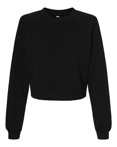 BELLA + CANVAS 7505 Women's Crop Raglan Crewneck Sweatshirt in Black — blank crewneck sweatshirt, front view