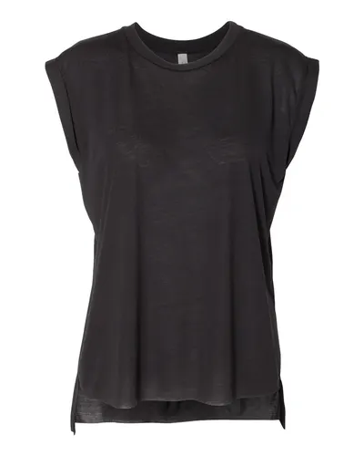 BELLA + CANVAS 8804 Women’s Flowy Rolled Cuffs Muscle Tee in Black — blank tank top, front view