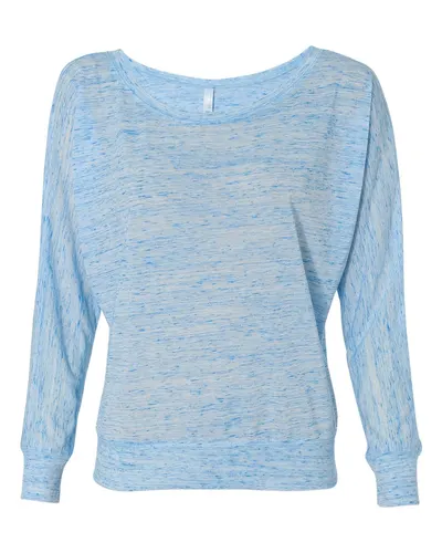 BELLA + CANVAS 8850 Women’s Flowy Off Shoulder Long Sleeve Tee in Blue Marble — blank long sleeve tee, front view