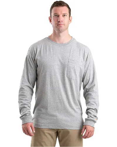 Berne Apparel BSM40T Men's Tall Performance Long Sleeve Pocket T-Shirt in Heather Grey — blank long sleeve tee, front view