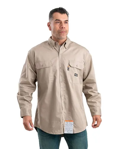 Berne Apparel FRSH10T Men's Tall Flame-Resistant Button Down Work Shirt in Khaki — blank woven shirt, front view