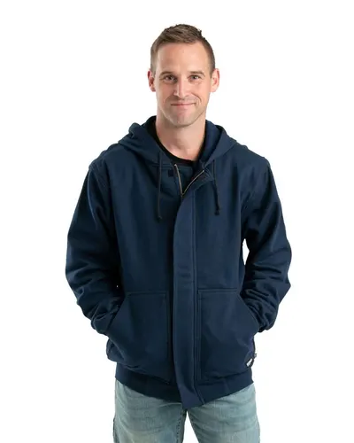 Berne Apparel FRSZ19 Men's Flame Resistant Full-Zip Hooded Sweatshirt in Navy — blank hooded sweatshirt, front view