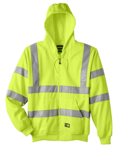 Berne Apparel HVF021 Men's Berne Hi-Vis Class 3 Lined Hooded Sweatshirt in Yellow — blank hooded sweatshirt, front view