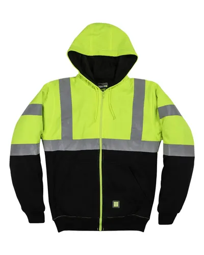 Berne Apparel HVF023 Men's Hi-Vis Class 3 Color Block Full-Zip Hooded Sweatshirt in Hi Vis Yellow — blank hooded sweatshirt, front view