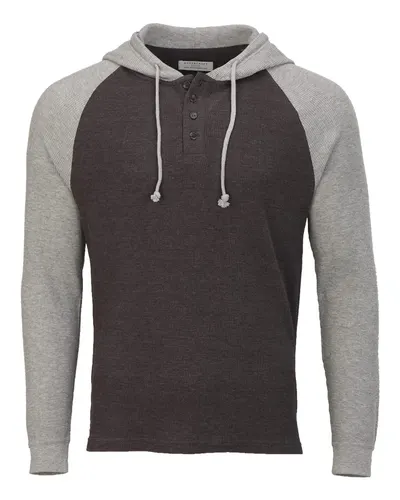 Boxercraft BM3702 Unisex Waffle Knit Pullover Hooded Long Sleeve T-Shirt in Charcoal/ Oxford Heather — blank hooded sweatshirt, front view