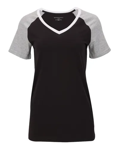 Boxercraft BW2204 Women's Colorblocked V-Neck T-Shirt in Black — blank t-shirt, front view