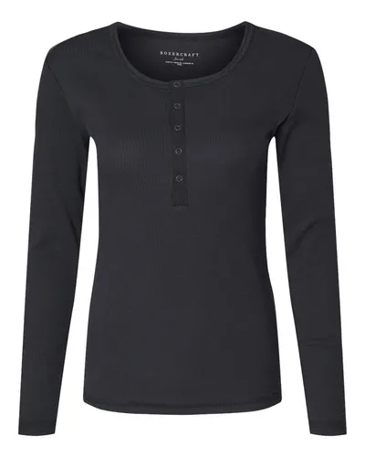 Boxercraft BW2402 Women's Harper Long Sleeve Henley in Black — blank garment, front view