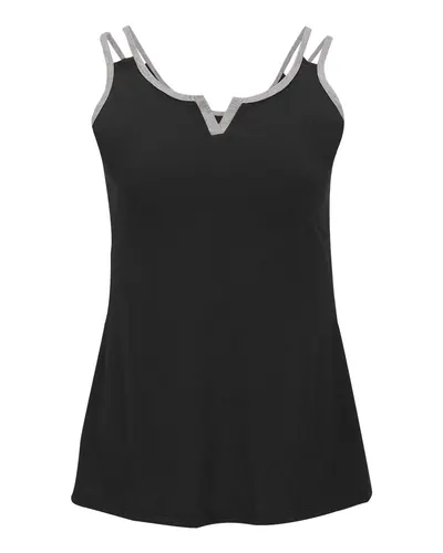 Boxercraft BW2506 Women's Split Shoulder Tank Top in Black/ Oxford Heather — blank tank top, front view