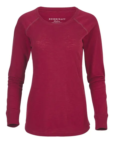 Boxercraft BW3166 Women's Solid Preppy Patch Long Sleeve T-Shirt in Garnet — blank long sleeve tee, front view