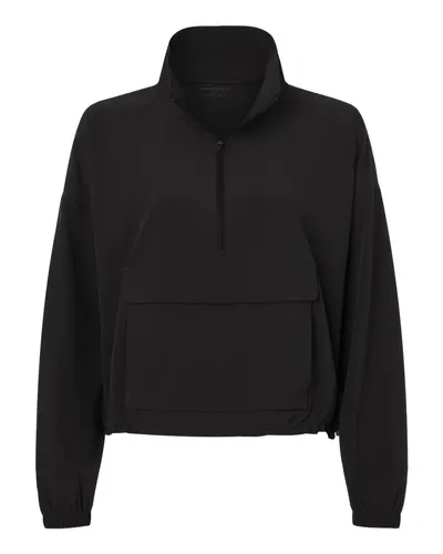 Boxercraft BW5204 Women's Stretch Woven Quarter-Zip Pullover in Black — blank woven shirt, front view