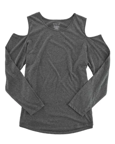 Boxercraft T31 Women's Cold Shoulder Long Sleeve T-Shirt in Granite — blank long sleeve tee, front view