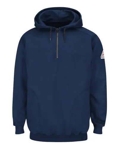 Bulwark SEH8 Men's Flame Resistant Quarter-Zip Hooded Sweatshirt in Navy — blank hooded sweatshirt, front view
