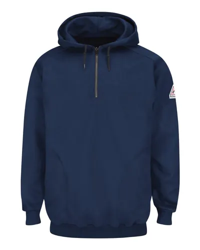 Bulwark SEH8T Men's Tall Flame Resistant Quarter-Zip Hooded Sweatshirt in Navy — blank hooded sweatshirt, front view