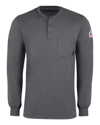 Bulwark SEL2 Men's Long Sleeve Tagless Henley Shirt in Charcoal — blank garment, front view
