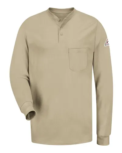 Bulwark SEL2T Men's Tall Long Sleeve Tagless Henley Shirt in Khaki — blank garment, front view