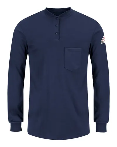 Bulwark SEL3 Women's Long Sleeve Tagless Henley Shirt in Navy — blank garment, front view