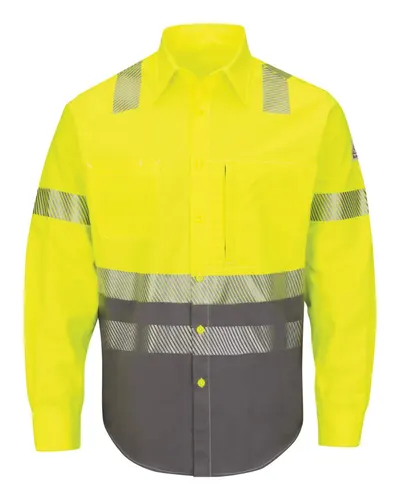Bulwark SLB4H Men's Hi-Visibility Color Block Uniform Shirt - EXCEL FR® ComforTouch® - 7 oz. in Yellow — blank garment, front view