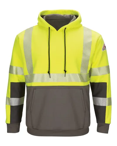 Bulwark SMB4 Men's Hi-Visibility Color-Blocked Hooded Sweatshirt in Yellow/ Green — blank hooded sweatshirt, front view