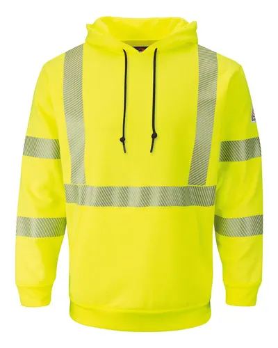 Bulwark SMH4 Men's Hi-Visibility Hooded Sweatshirt in HV-Fluorescent Yellow/ Green — blank hooded sweatshirt, front view