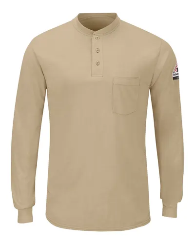 Bulwark SML8 Men's Long Sleeve Henley in Khaki — blank garment, front view