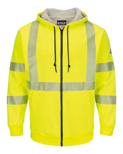 Bulwark SMZ4HVT Men's Tall Hi-Visibility Zip-Front Hooded Fleece Sweatshirt with Waffle Lining in Yellow/ Green — blank hooded sweatshirt, front view