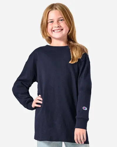 Champion CH1751 Youth Long Sleeve T-Shirt in Navy — blank long sleeve tee, front view