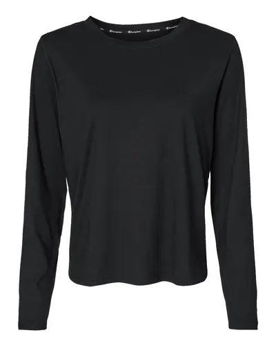 Champion CHP140 Women's Sport Soft Touch Long Sleeve T-Shirt in Black — blank long sleeve tee, front view