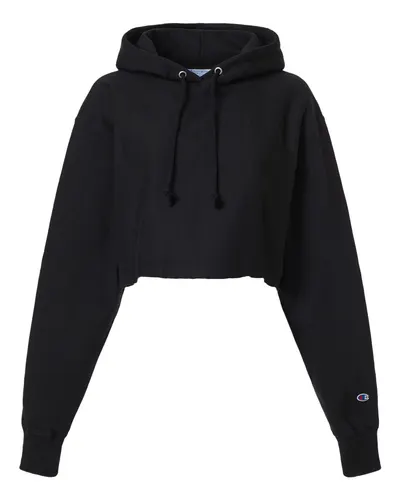 Champion RW01W Women's Reverse Weave® Hooded Cropped Sweatshirt in Black — blank hooded sweatshirt, front view