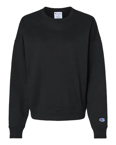 Champion SL650 Women's Powerblend® Crewneck Sweatshirt in Black — blank crewneck sweatshirt, front view