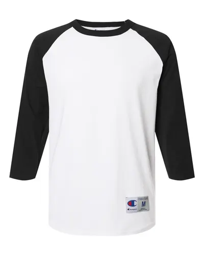 Champion T137 Unisex Raglan Sleeve Baseball T-Shirt in White/ Black — blank t-shirt, front view