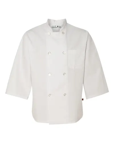 Chef Designs 0402 Three-Quarter Sleeve Chef Coat in White — blank jacket, front view