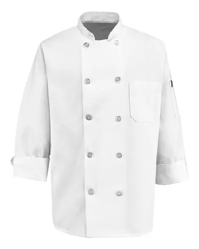 Chef Designs 0423 100% Polyester Ten Pearl Button Chef Coat in White — blank jacket, front view